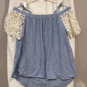 Mittoshop Blue Striped Blouse with Cream Lace Sleeves
